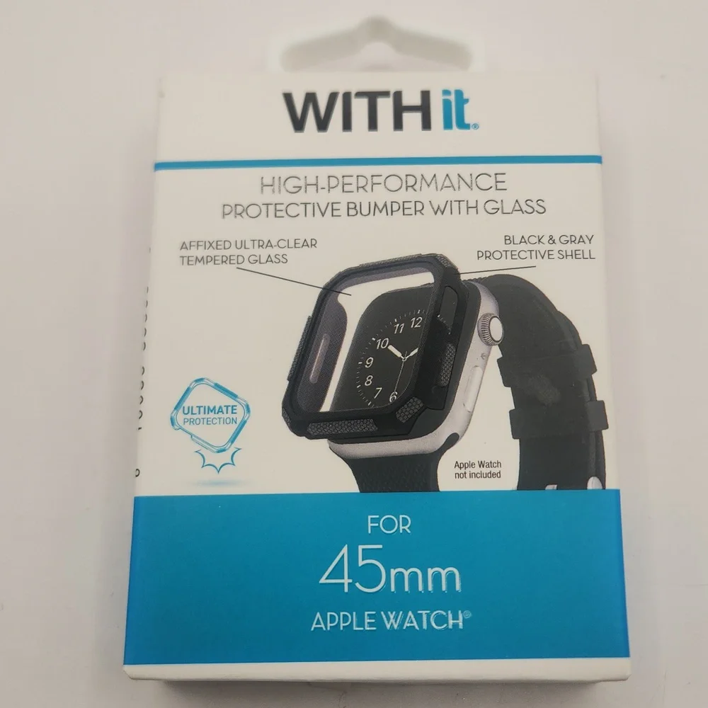 WITHit Black/Gray High-Perfor Protective Bumper w/Glass for 45MM Apple Watch NEW